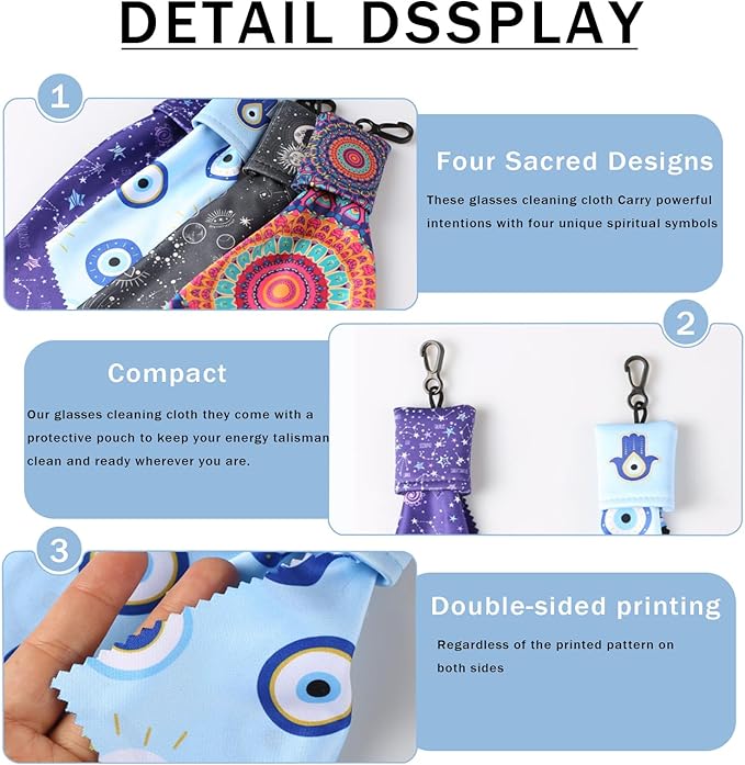Glasses Cleaning Cloth, 4PC Microfiber Lens Cloth Keychain,Positive Energy Balance - Evil Eye, Mandala , Sun Moon, Divination Symbols for Positive Aura, Protection & Focus, Double Sided Printing