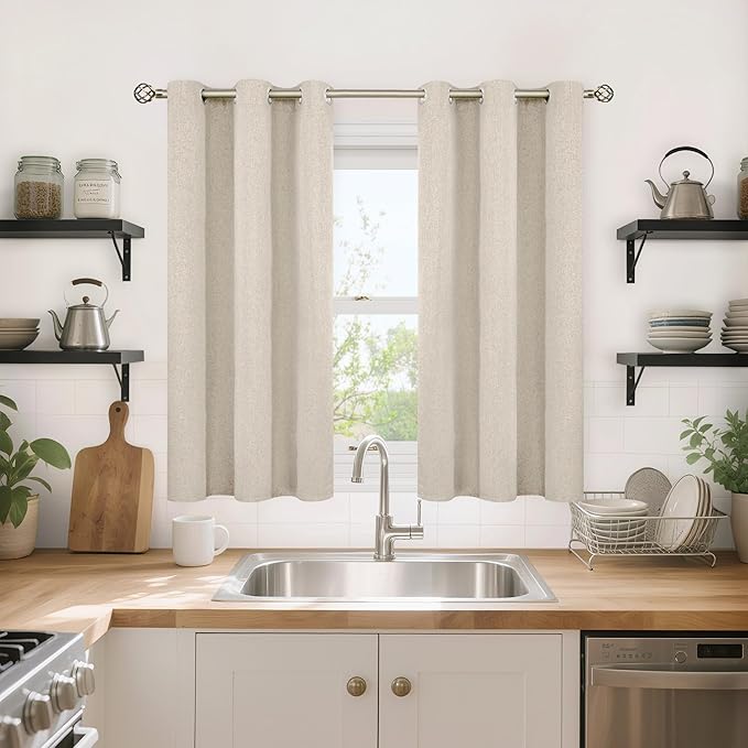 YoungsTex 45 Inch Length Oatmeal Linen Blackout Curtains, Short Thermal Insulated Drapes with Grommet for Room Darkening Privacy Living Room Bedroom Window, 2 Panels, 42 X 45 Inch