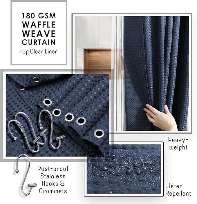 Clara Clark Bathroom Accessories Set - 27PC Bathroom Set with Adhesive Corner Shower Caddy Hanging, Bathroom Sets with Shower Curtain and Rugs, Ombre Navy Shower Curtain Set with Bathroom Trash Can