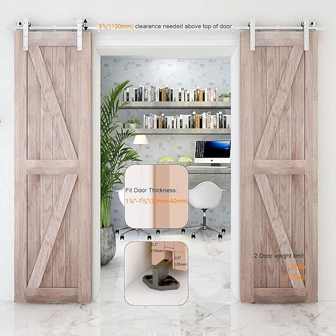 TSMST 6FT Sliding Barn Door Hardware Kit, Stainless Steel Heavy Duty Sturdy Barn Door Track for Double Wood Door, Slide Smoothly Quietly (L Style)