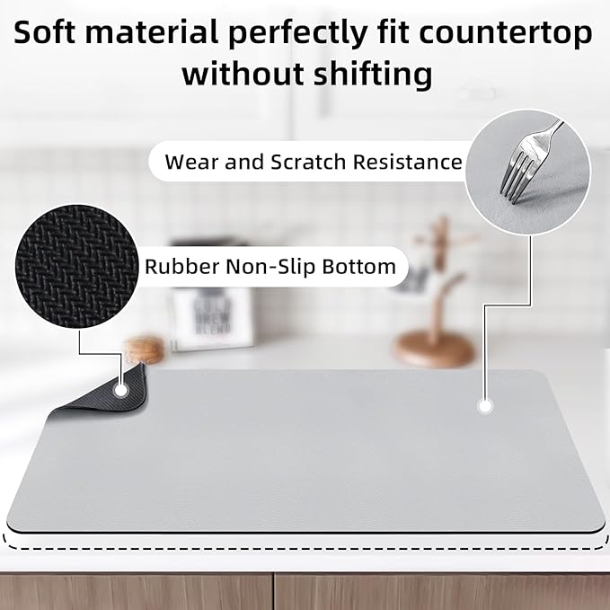 LOPNUR Kitchen Dish Drying Mat, 31.5"x17" Dish Drying Mats for Kitchen Counter, Super Absorbent Dish Drying Pad, Diatomite Coffee Mat Heat Resistant Mat with Anti-slip Rubber Backed, Light Grey