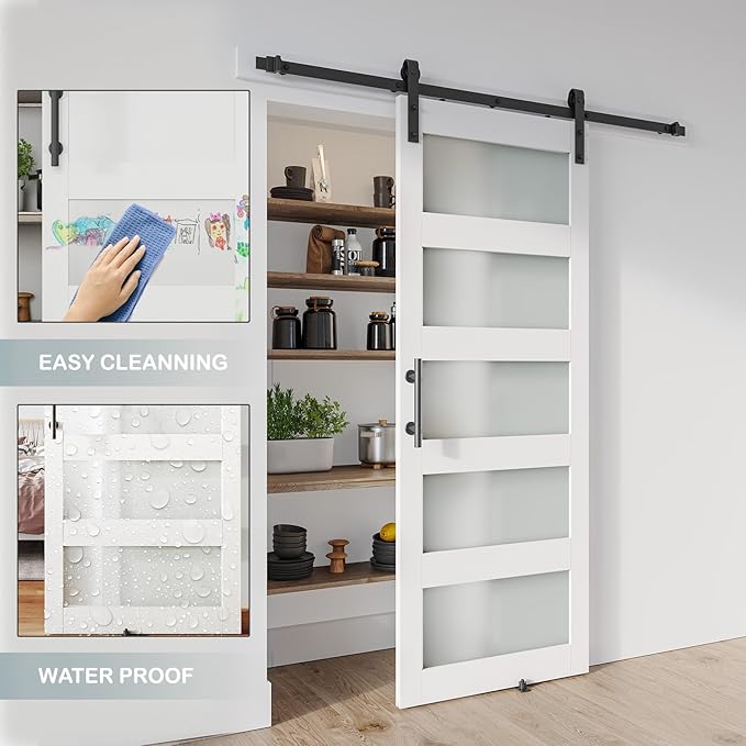 34'' x 84'' Glass Barn Door and 6 Ft Hardware Kit Included, MDF White Barn Door Slab with Frosted Glass, PVC Surface, Combined with Handle and Floor Guide-Assembly Required, White