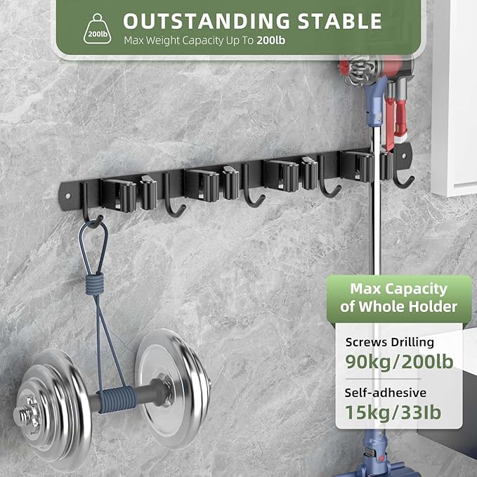 Batur 2 Pack Broom Holder Wall Mount, Upgraded Heavy Duty Mop and Broom Holder Wall Mount, Super Anti-Slip 4 Racks 5 Hooks Broom Hanger Organizer for Home Kitchen Garden Laundry Garage