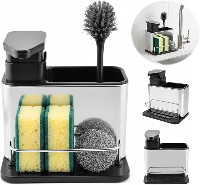 Soap Dispenser for Kitchen Sink, Stainless Steel 3-in-1 Sponge Holder for Kitchen Sink, Dish Soap Dispenser with Sponge Holder Rustproof Dishwashing Brush Holders