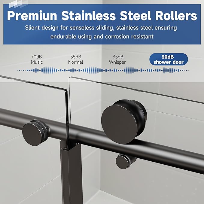 Frameless Sliding Shower Door 56-60" W x 76" H, 1/4" Tempered Glass Matte Black Reversible Single Bypass Sliding Design with Stainless Steel Rollers Soft-Close Waterproof Seal for Modern Bathroom