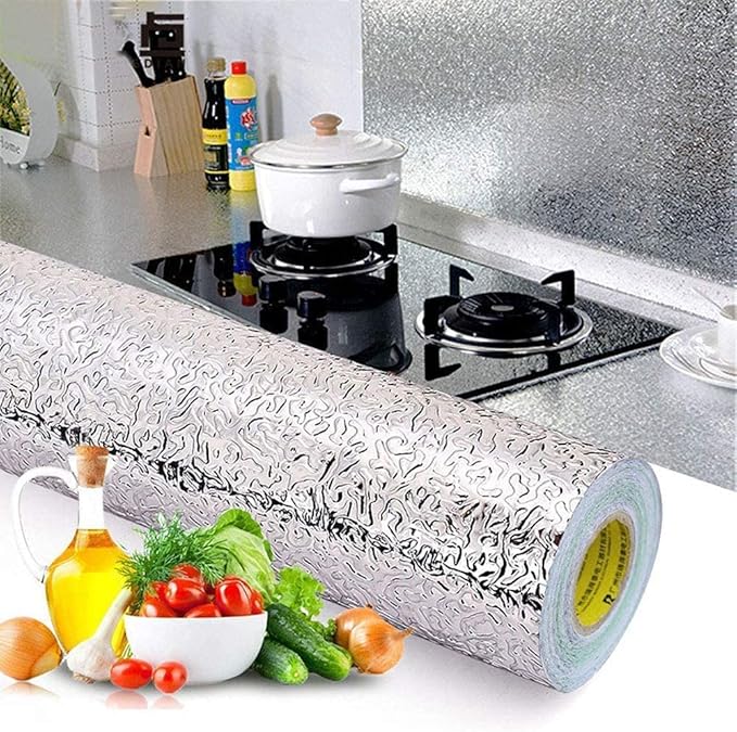 Kitchen Backsplash Wallpaper Peel and Stick Aluminum Foil Contact Paper Self Adhesive Oil-Proof Waterproof Heat Resistant Wall Sticker for Countertop Drawer Liner Shelf Liner(15.7X197 Inches)