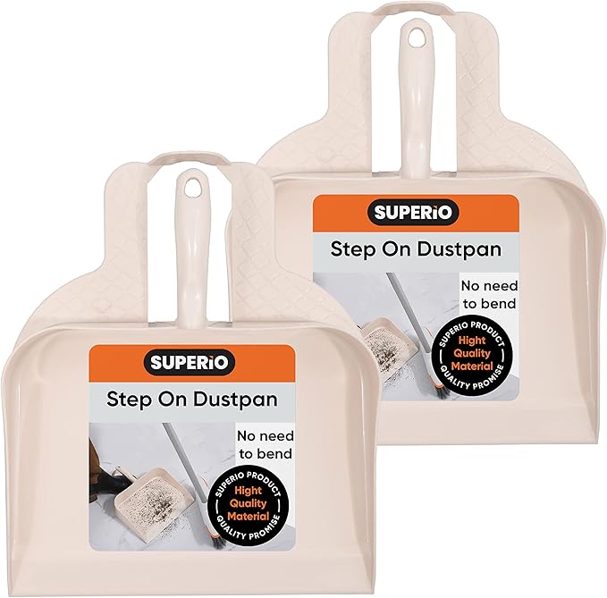 Superio Clip-On Dustpan with Rubber Lip - 10-inch Wide Durable Plastic Dust Pan with Comfort Grip Handle, (Step-on Dustpan, White-Multipack)