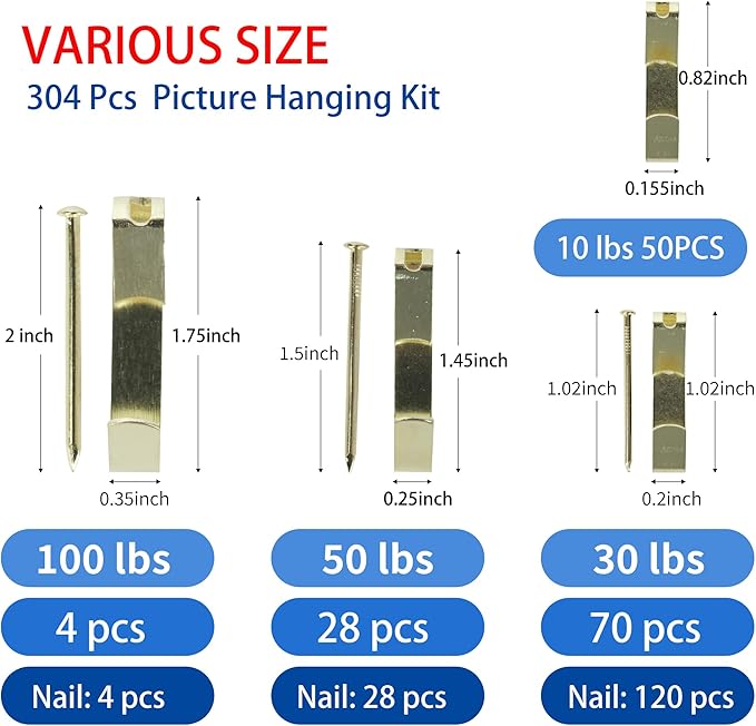 Aynoo 304 Pieces Picture Hanging Kit,Coat and Towel Wall Hooks,4 Size Picture Hooks Including 10/30/50/100 lbs,Metal with Nails
