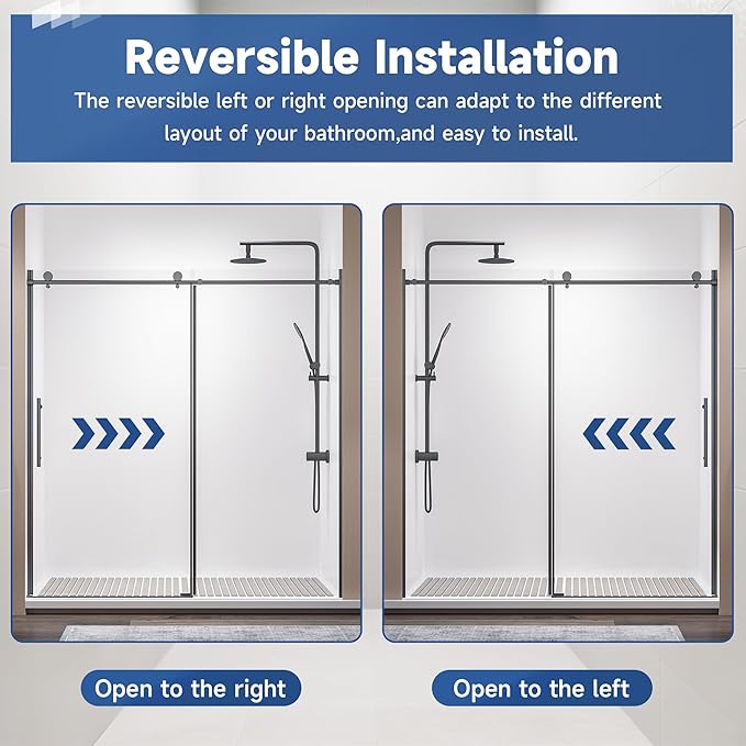 Frameless Sliding Shower Door 72” W x 76” H, 3/8” Tempered Glass, Single Bypass Shower Enclosure with Reversible Door, Quiet Rollers, Anti-Jump Safety System,Matte Black Stainless Steel