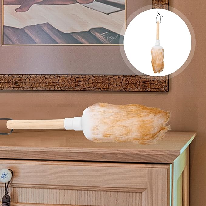 NOLITOY Wool Duster for Car and Furniture Dust Cleaning, Small White Lambswool Handheld Duster with Wooden Handle, Washable Household Dust Removal Tool for Interior and Home Use