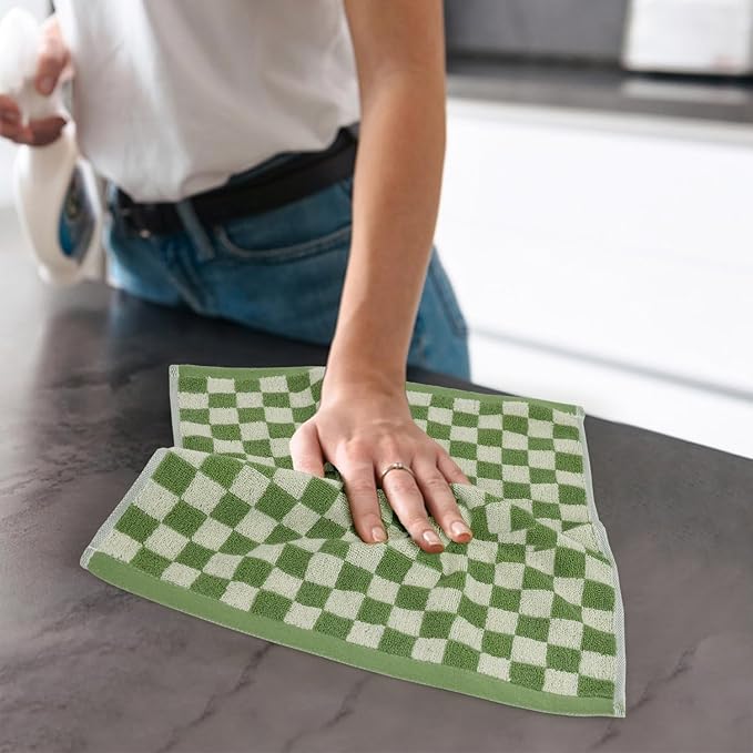 Jacquotha Wash Cloths Checkered 4 Pack (Green) - Cotton Washcloths for Face Body, 13 x 13 Inches Daily Cleansing Kitchen Towels
