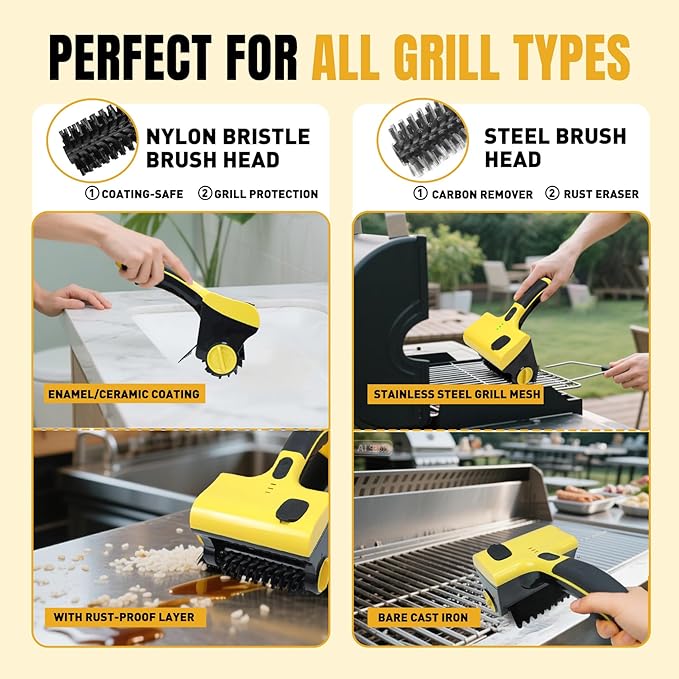 Power Grill Cleaner with Dual Brushes & Water Spray - Cordless Electric Grill Brush for Outdoor Grill, 2600mAh Fast Charge Battery and No Shedding Bristles Design