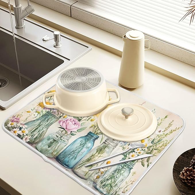 Spring Summer Floral Jars Flowers Dish Drying Mat for Kitchen Counter Absorbent Microfiber Large Drying Pad Dish mats for Kitchen Countertops 18 x 24 Inch