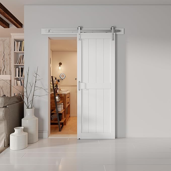 30''x84'' Sliding Barn Door with 5 Ft Brushed Nickel Hardware Kit& Handle& Floor Guides,Pre-Drilled Holes Easy Assembly - Include Installation Manual, Water-Proof PVC Surface, H-Frame