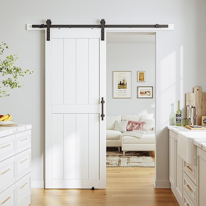 SmartStandard 32 x 84 inch White Sliding MDF Barn Door with 6FT Black Sliding Door Hardware Kit & Handle, Pre-Drilled Ready to Assemble, Waterproof PVC Coating, H-Frame