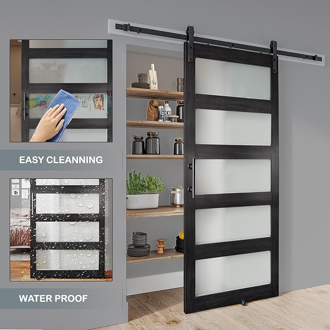 32'' x 84'' Glass Barn Door and 6 Ft Hardware Kit Included, MDF White Barn Door Slab with Frosted Glass, PVC Surface, Combined with Handle and Floor Guide-Assembly Required, Dark Grey