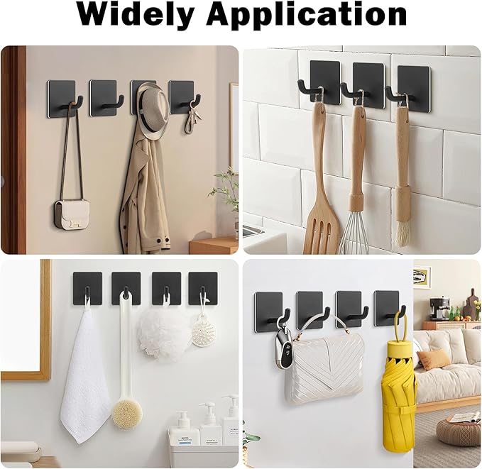 Livabber Adhesive Towel Hooks, 304 Stainless Steel Self Sticky Wall Hooks Waterproof Shower Hooks for Robe/Clothes, No Drilling Towel Hangers for Bathroom Kitchen Bedroom (Black, 6 Packs)