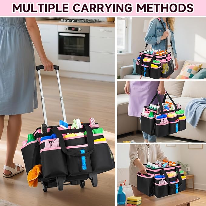 Large Rolling Cleaning Caddy Bag with Detachable Trolley,Cleaning Cart on Wheels with Shoulder Strap,Cleaning Supplies Organizer for Housekeepers,PInk