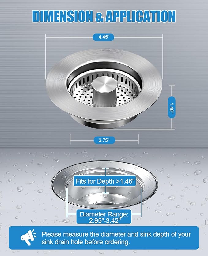Kitchen Sink Drain Strainer, 3 in 1 All Stainless Steel Sink Strainer, Pop Up Sink Stopper with Copper Bounce Core, Anti-Clog Food Catcher Basket for US Standard 3-1/2 inch Drain (2 Pack)