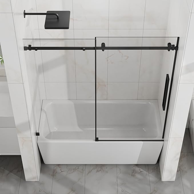 Frameless Sliding Bathtub Door 60" W x 58" H, 1/4" Clear Tempered Glass, Reversible Installation, Stainless Steel Hardware, Matte Black Finish, Space-Saving Glass Tub Shower Door for Bathrooms