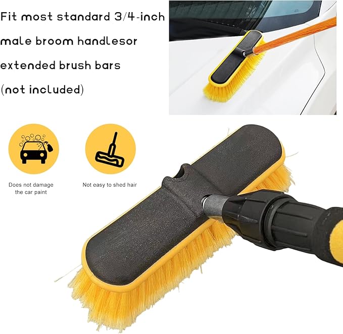 Car Wash Brush Head with Soft Bristle, Flow Thru Washing Brush Compatible with Waterflow Poles, Professional Scrub Broom Exterior Cleaning Head Replacement for RV Truck Boat