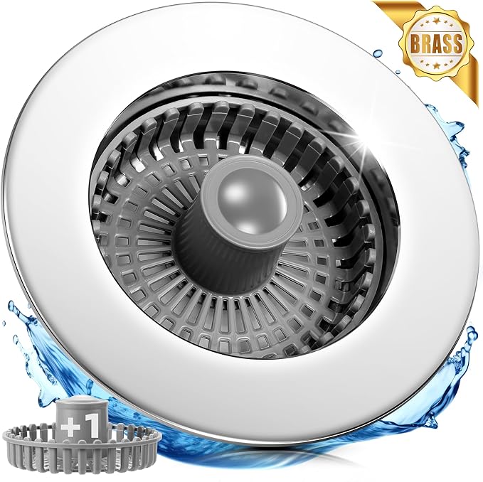 3-in-1 Kitchen Sink Strainer & Stopper, Stainless Steel Finish Pop Up Drain Plug – Anti-Clogging Food Catcher with Brass Core – Fits Standard 3.5 Inch Drain, Heavy Duty Replacement