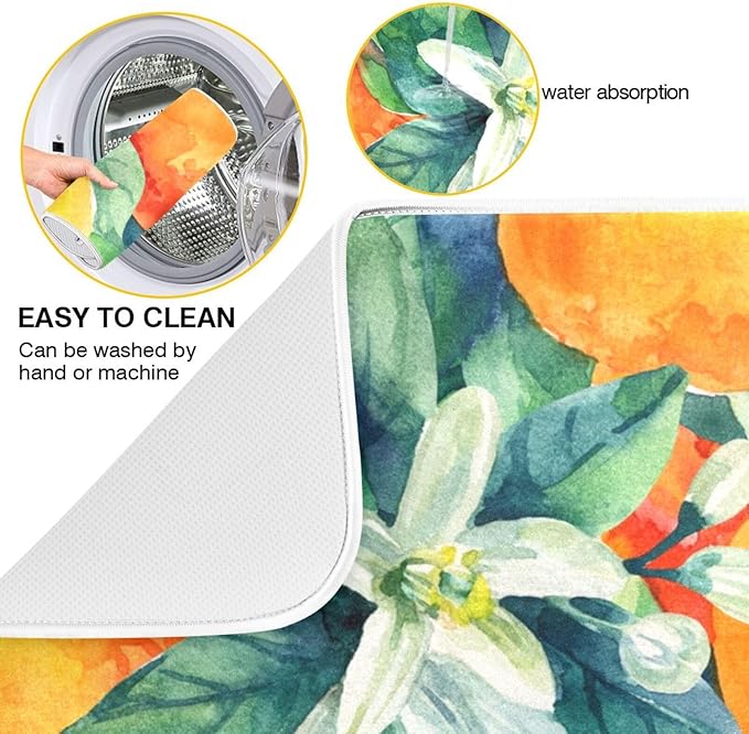 Tarity Watercolor Orange Dish Drying Mat for Kitchen Counter Absorbent Heat Resistant Microfiber Dishes Drainer Mat 18x24 in Large Dish Pad Sink Mat Protective Pad Kitchen Decor