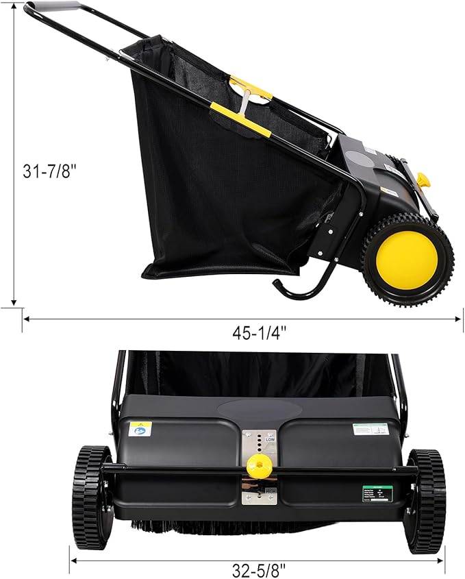 2026 Upgraded 26 Inch Push Lawn Sweeper | 4 Spinning Brushes & Adjustable Height for Deep Cleaning | Large 3.5 cu ft Bag for Leaves, Grass, Debris on Lawns & Driveways (26 Inch,Black)