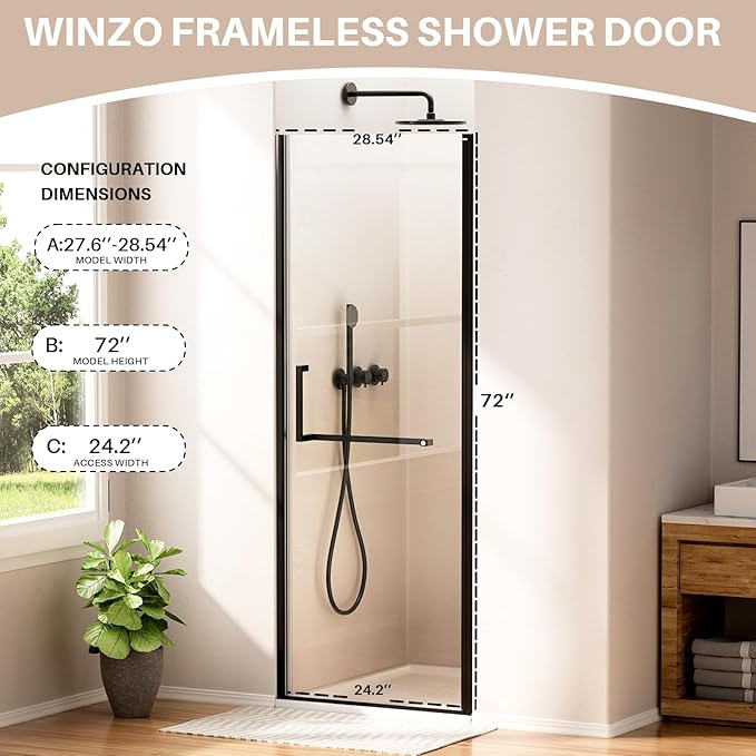 WinZo 27-28" W ×72" H Frameless Pivot Shower Door, Pivot Swing Shower Glass Doors with 1/4"(6mm) SGCC Clear Tempered Glass,Explosion-Proof Film, Reversible Installation, Matte Black