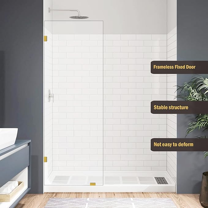 26" W x 78" H Frameless Shower Glass Panel, Single Fixed Shower Panel Screen with Clamps, 5/16"(8mm) Clear Tempered Glass, Bathroom Shower Doors Fixed Shower Glass Door Panel in Brushed Gold