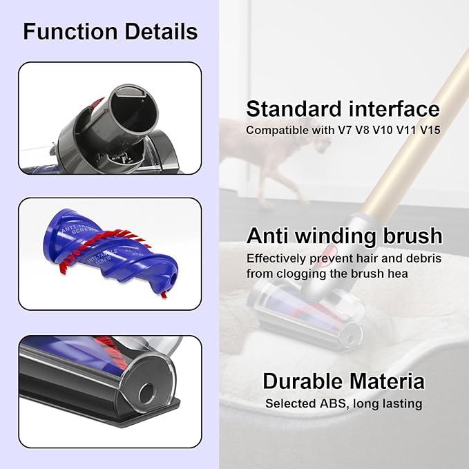 Anti-Tangle Hair Brush Compatible with Dyson V7 V8 V10 V11 V15 SV10 SV11 SV12 SV14 – Mini Motorized Brush Head Cleaning Couch, Mattress & Upholstery, Vacuum Attachment Replacement Screw Tool