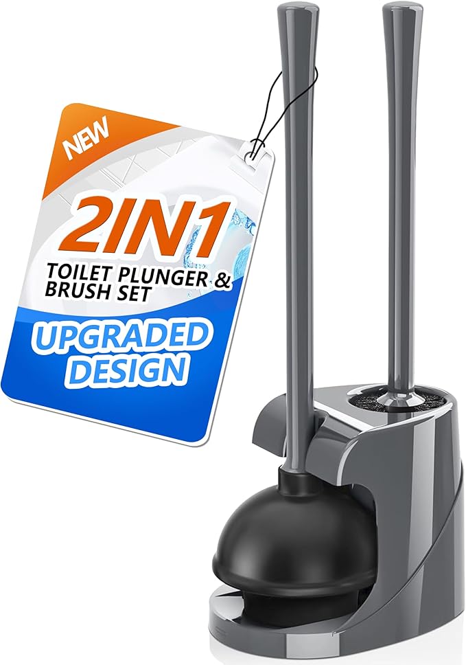 Toilet Plunger and Brush with Holder, Bowl Brush and Heavy Duty Toilet Plunger Set for 5.7-inch Toilet Drain, 2-in-1 Bathroom Cleaning Combo with Modern Caddy Stand (Grey)