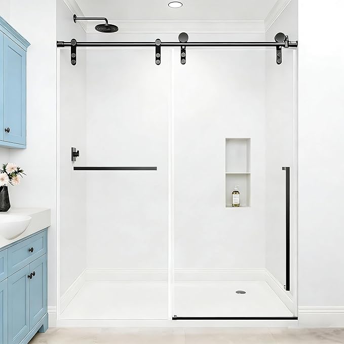 Frameless Shower Door, 44-48" W x 76" H 5/16" 8mm Glass Sliding Shower Doors with Explosion-Proof Film, Shower Doors for Walk in Shower with Clear Tempered Glass Stainless Steel Hardware, Matte Black