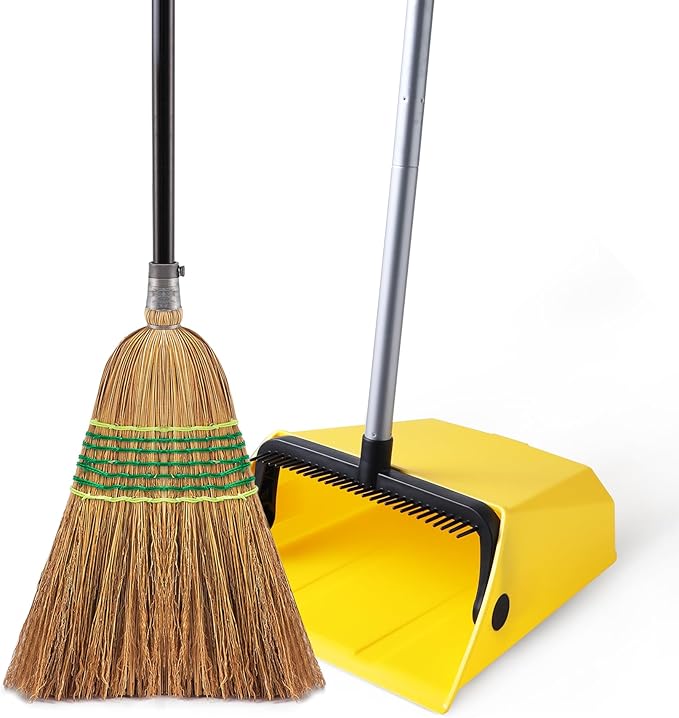 Yocada Heavy-Duty Corn Broom Commercial Dustpan Set with Comb Indoor Outdoor Broom Perfect for Courtyard Garage Lobby Mall Market Floor Home Office Leaves Stone Dust Rubbish…