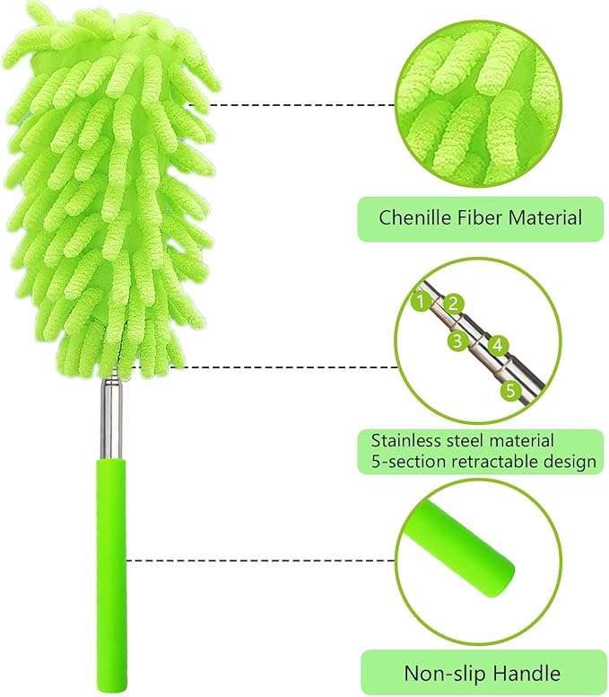 2 Pack Extendable Microfiber Feather Duster for Cleaning, Washable Dusters, Up to 30 Inch Reachable, Wet and Dry Use Cleaning Tools for Car, Ceiling Fan, Window, Furniture, Office