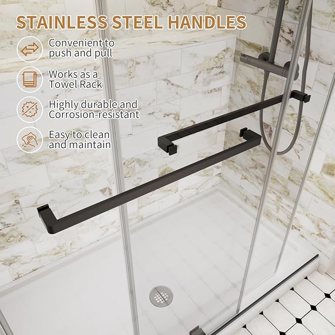 Frameless Shower Door,44-48" W x 74" H Double Sliding Shower Door with Soft Close System,5/16" (8mm) SGCC Tempered Clear Glass,Explosion-Proof Film Nano Coating,Matte Black
