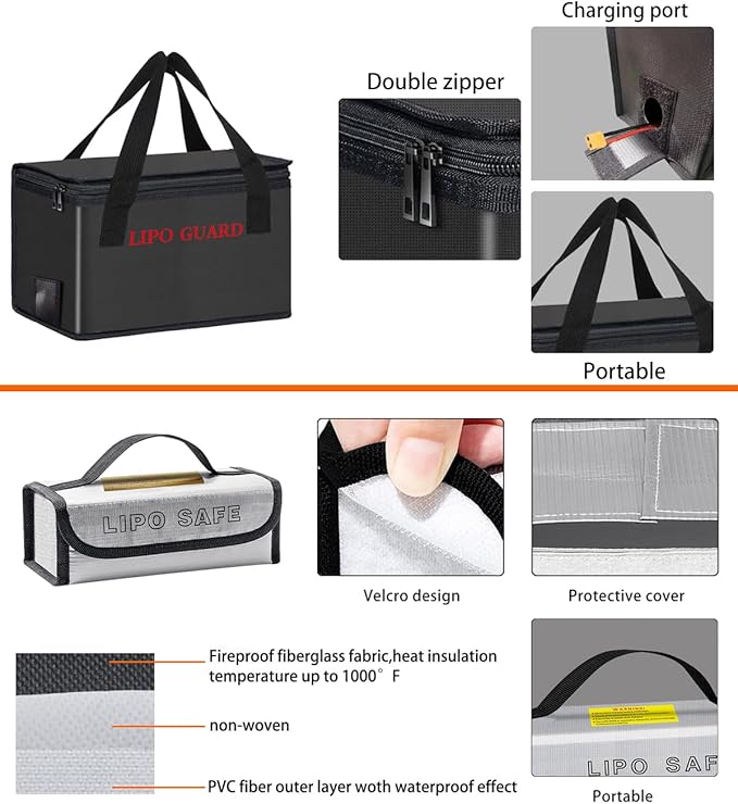 Lipo Battery Safe Bag Large Capatity Fireproof Bag for Ebike Lipo Battery Other Batteries Storage Charging Transport Home Office Travel Safe Storage Pouch