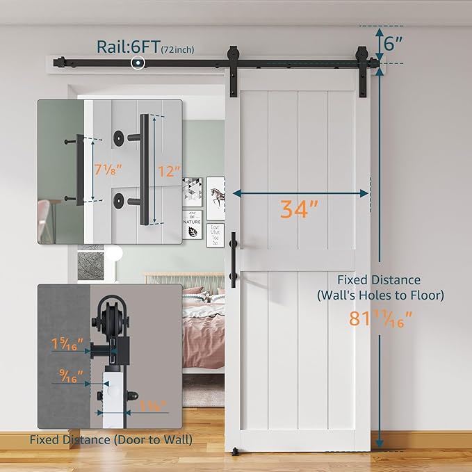 34''x80'' Sliding Barn Door with 6 Ft Barn Door Hardware Kit& Handle& Floor Guides,Pre-Drilled Holes Easy Assembly - Include Installation Manual, Water-Proof PVC Surface, H-Frame, White