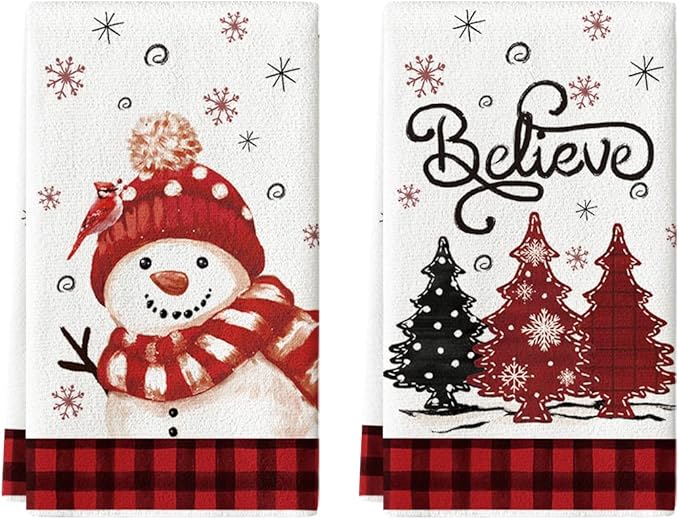 Artoid Mode Red Xmas Tree Snowman Christmas Kitchen Towels Dish Towels, 18x26 Inch Farmhouse Holiday Winter Decoration Cleaning Set of 2
