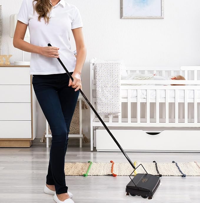 Fuller Brush Electrostatic Carpet & Floor Sweeper with Additional Rubber Rotor - 9" Cleaning Path - Lightweight - Ideal for Crumby & Wet Messes (Black + Rubber Rotor)