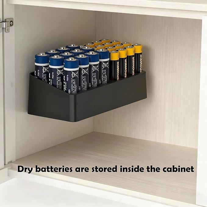 Battery Storage Organizer Battery Storage Box Black Fits 16 AAA & 12 AA Batteries Divided Battery Holder Fits Wall,Cabinets,Drawers (Case Not Includes Batteries)