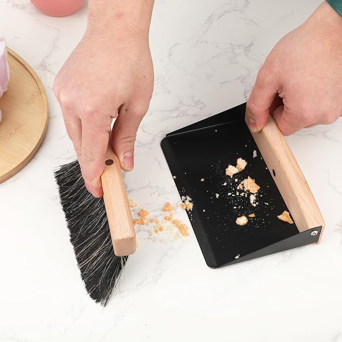 Desktop Broom and Dustpan Set, Mini Dustpan and Brush Set Wooden Handheld Broom and Dustpan Set for Cleaning Desktop Bed Car Animal Cage & Windowsill(Black)