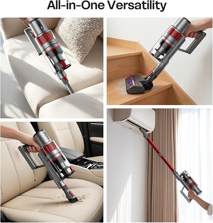 Cordless Vacuum Cleaner, 600W/50KPA, Up to 60 Minutes, Stick Vacuum with Rechargeable Design, Powerful Suction, Lightweight, Vacuum Cleaner for Home/Pet Hair/Carpet/Hard Floor, Red