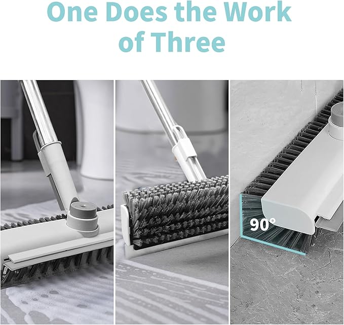 Floor Scrub Brush with Long Handle, 3 in 1 Scrape and Heavy-Duty Stiff Bristle Scrubber Brush for Cleaning Shower Bathroom, Patio, Garage, Kitchen, Wall and Deck (White, 2 Pack)