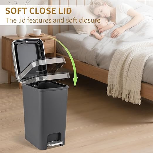 Small Bathroom Trash Can with Lid and 3 Rolls Trash Bags, Step Pedal Wastebasket Plastic Garbage Can with Pop-Up Lid 2.6 Gallon Bin for Kitchen, Bedroom, Office, Dorm, Laundry, Toilet, Rv,Dark Grey