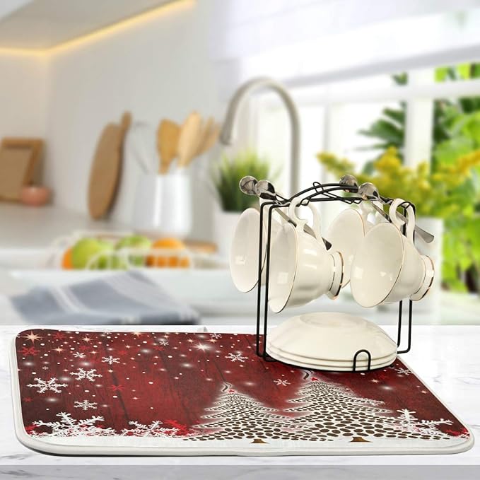 Christmas Tree Dish Drying Mat 18x24 inch Xmas New Year Snowflake Wooden Dish Drainer Kitchen Counter Mats Bottles Dish Dry Pad Protector for Kitchen Countertops