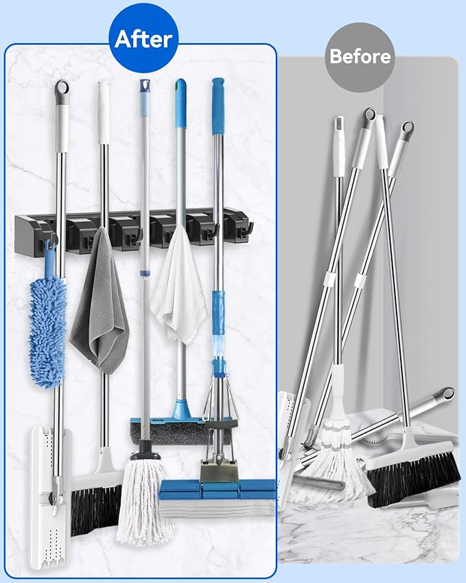 AceMining Broom Holder Wall Mounted, 2 Pack 5 Holders and 6 Hooks Mop Holder, ABS Plastic Brush Holder, Thick and Durable Mop and Broom Holder, Broom Storage, Broom Hook, Mop Wall Holder Black