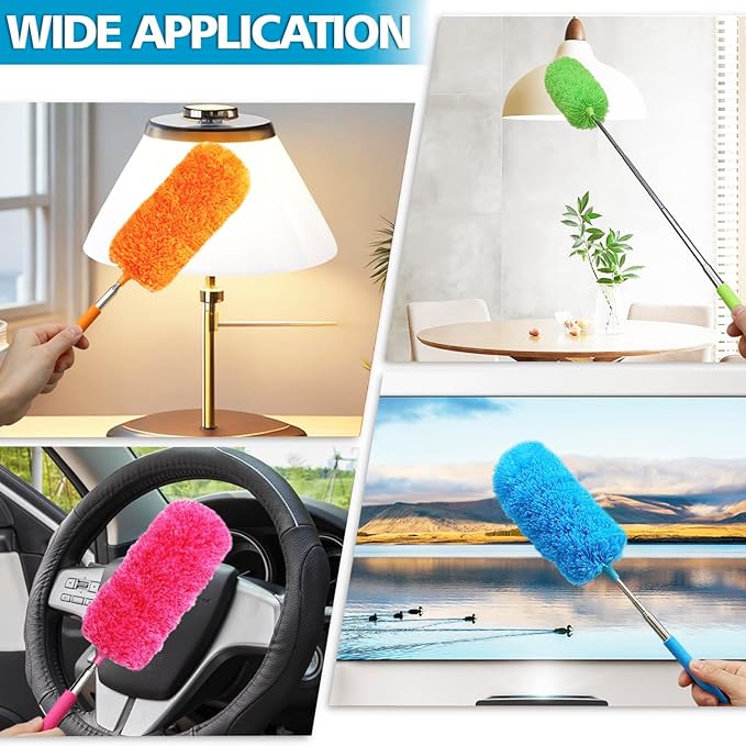 4 Pcs Washable Microfiber Feather Duster, with Extendable Pole and Bendable Head, Microfibre Cleaning Tool for Cleaning Office, Car, Computer, Furniture, Sofa