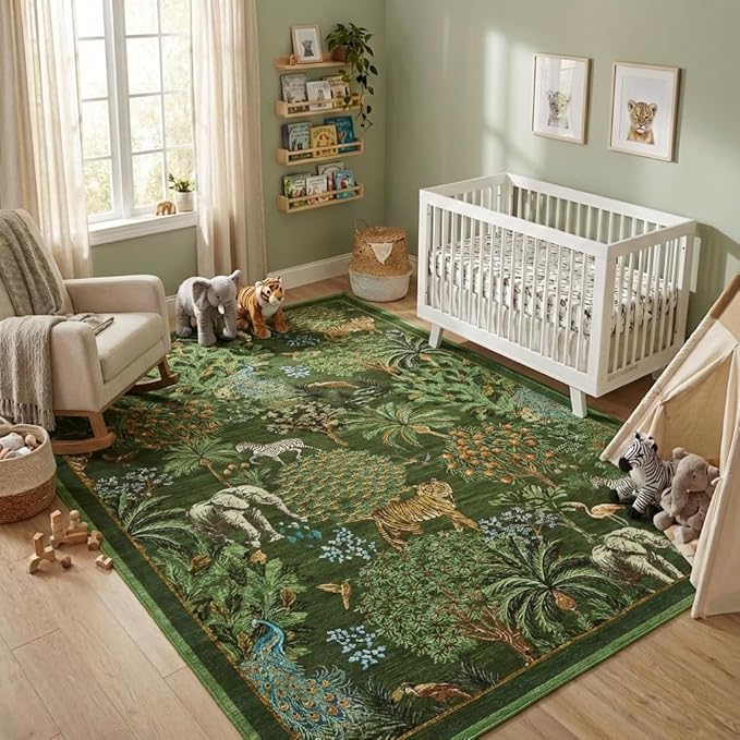 GarveeHome Jungle Animal Print Rug 5x7 Washable Area Rugs for Living Room, Forest Rug Non Slip Low Pile Stain Resistance Large Throw Carpet for Bedroom Dining Room Kids Playroom Nursery, Dark Green