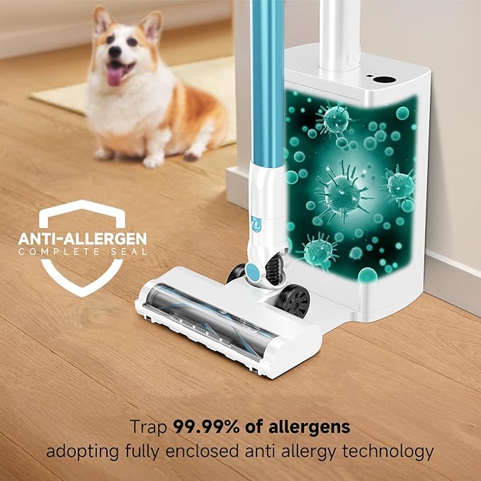 Cordless Stick Vacuum Cleaner with Auto Empty System Self-Charging Base, Powerful Suction for Pet Hair on Carpet & Hardfloor, Lightweight Anti-Tangled Handheld Vacuum, HEPA Filtration, Blue